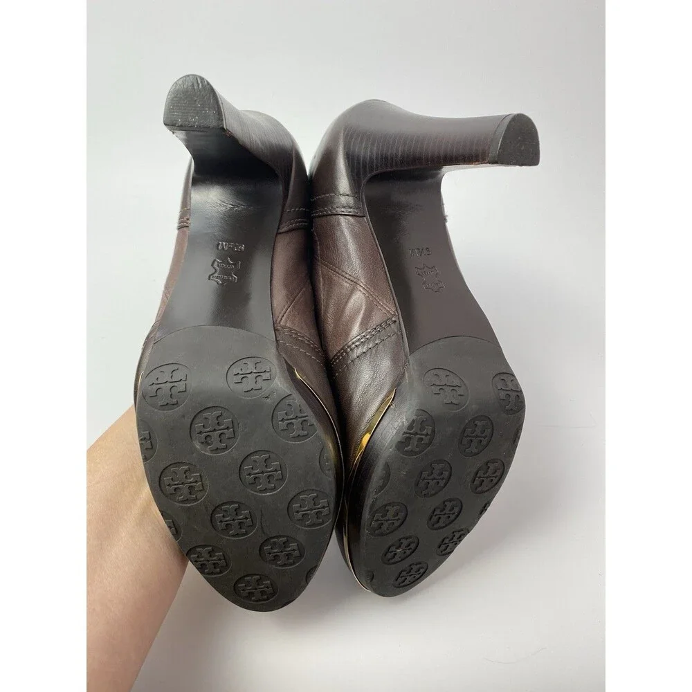 Tory Burch Brown Soft Leather Boots 9.5 M Back Zip Gold Logo & Toe Rim